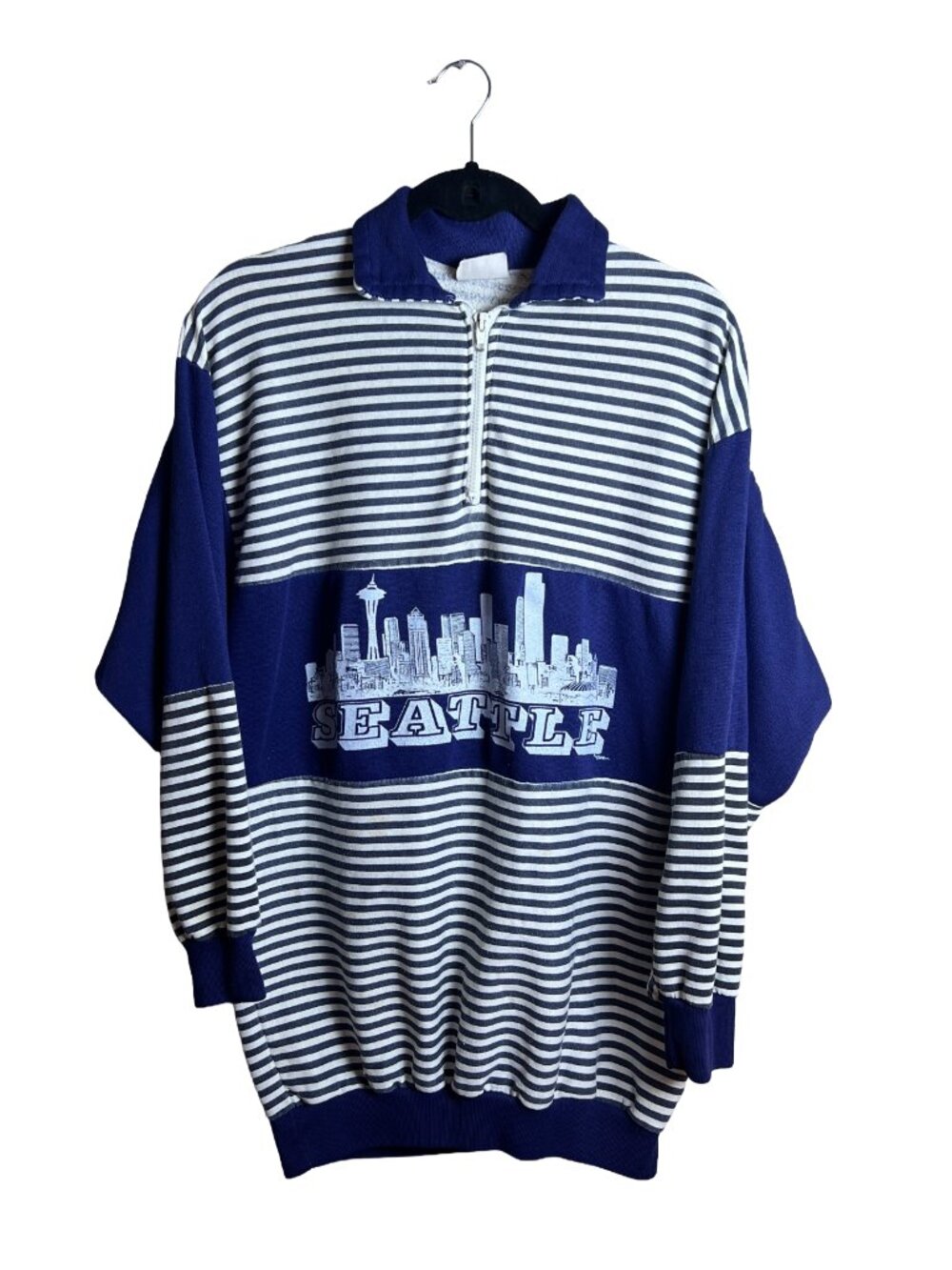 Vintage Seattle Skyline Striped Quarter‎ Zip Pullover 90s